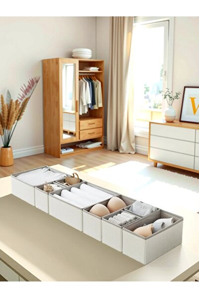 PH Prendi Home Set of 8 Gray Striped Drawer Organizers