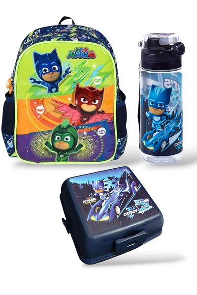 PJMASKS Licensed Green Kindergarten Bag, 4 Compartment Lunch Box and 500 ml Water Bottle, 3-Piece School Set