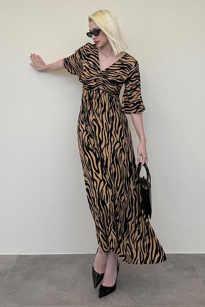 Madmext Brown Zebra Print V-Neck Half Sleeve Dress Mg2394