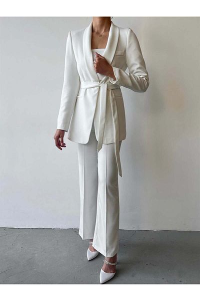 Rabia Çelik Women's White Belted High Waist Pants Blazer Jacket Suit
