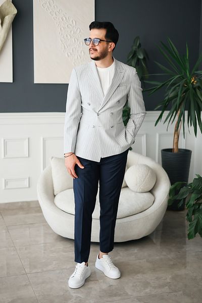 Avni Ceylan Seersucker Italian Style Slim Fit Double Breasted Men's Jacket Special Edition Gray