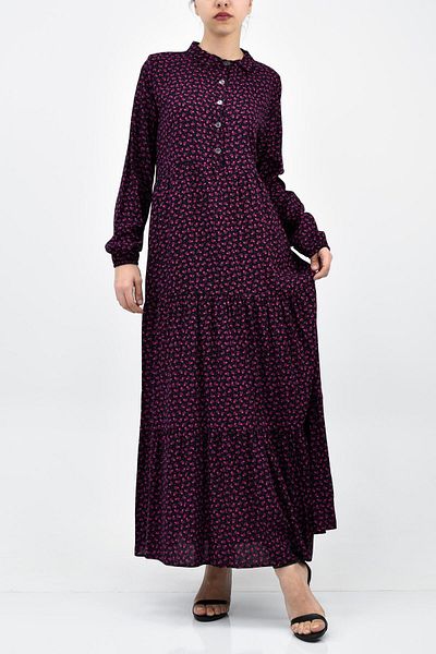 birizmoda Φούξια Floral Βισκόζη Φόρεμα Hijab με Μαύρο Φόντο