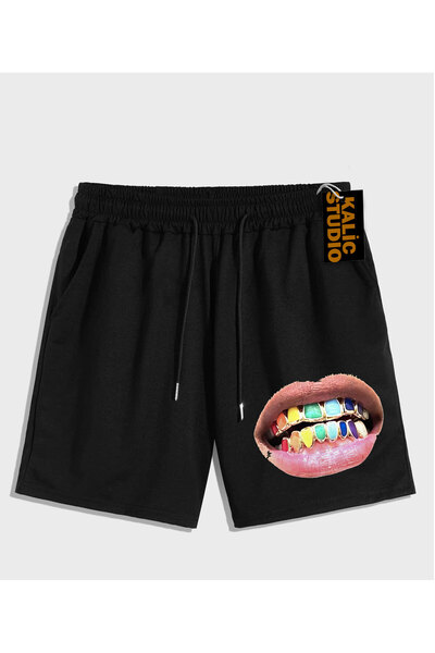 Kalic Studio Pantaloni scurți de vară negri cu model UNISEX Mr. Grillz