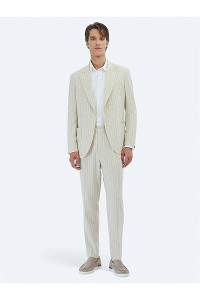 Kip Beige Striped Comfort Fit Linen Blended Suit