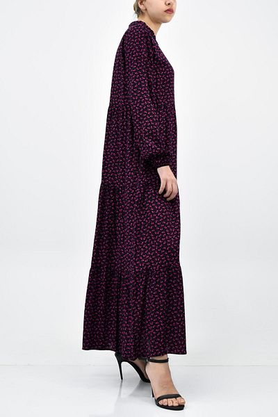 birizmoda Φούξια Floral Βισκόζη Φόρεμα Hijab με Μαύρο Φόντο