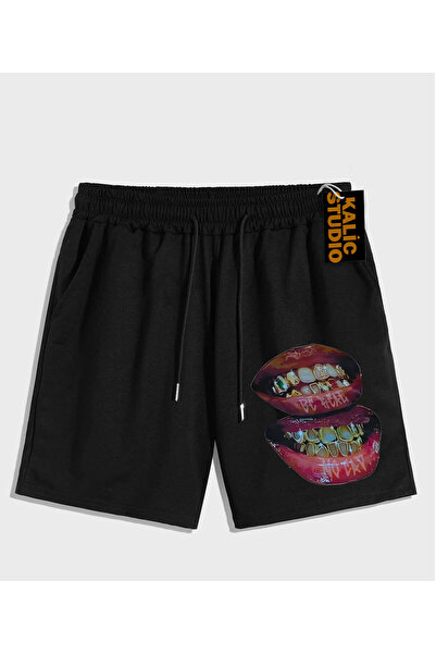 Kalic Studio Pantaloni scurți de vară negri cu model UNISEX Mr. Grillz