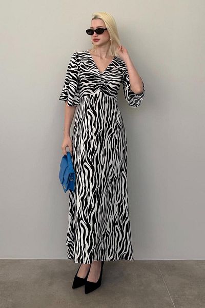 Madmext Black Zebra Print V-Neck Half Sleeve Dress Mg2394