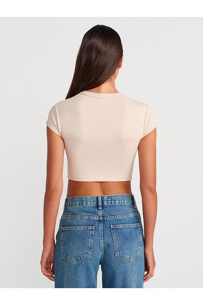 Dilvin Beige Crew Neck Crop T-Shirt