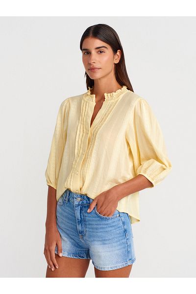 Dilvin 5807 Ribbed Detailed Balloon Sleeve Shirt-Light Yellow