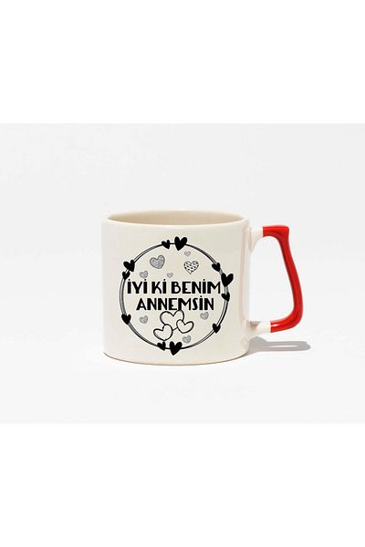 GünayStore Mother's Day Special Mother Designed Red D Handle Coffee Cup 200 ml