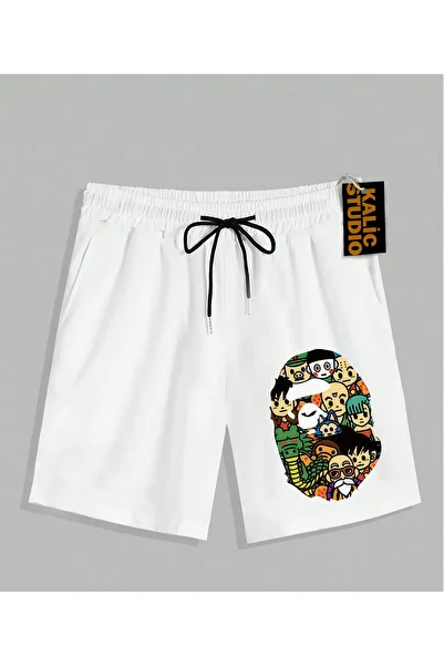 Kalic Studio Unisex Mr. Bape Patterned White Summer Shorts