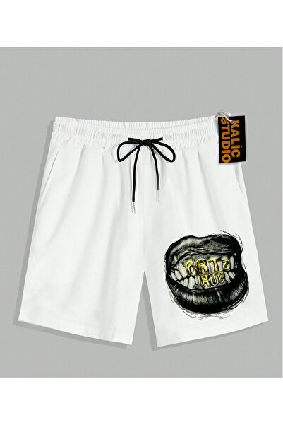 Kalic Studio Pantaloni scurți de vară albi cu model UNISEX Mr. Grillz
