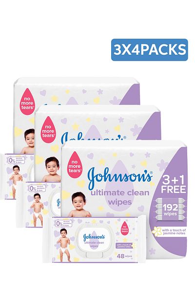 Johnson's ohnson's Baby Wipes - Ultimate Clean, 3 +1 Packs of 48 Wipes, 192 Total Count x3