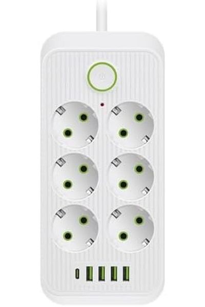 ÇAĞUR Tc-21564 6-Pack 1.5 Meter Cable 4 USB Type-C 3000W 16Ah Surge Protected Socket (White-6)
