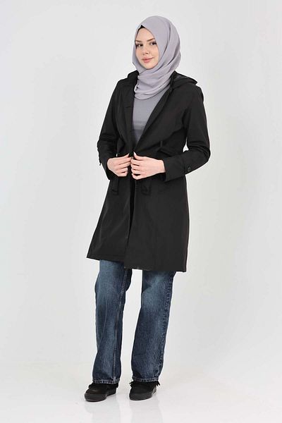 S&V TEKSTİL Women's Black New Trend Hijab Trench Coat