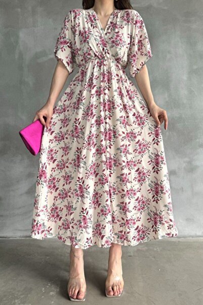 BLUSS Women's Slit Detailed Floral Patterned V-Neck Summer Dress