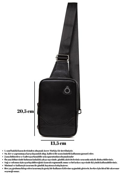 CERFF LEATHER CLUP Geantă neagră pentru bărbați din piele naturală, cu compartiment pentru telefon și ieșire pentru căști