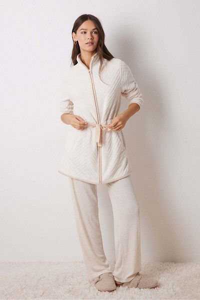 Women'secret Long fluffy beige zip fastening