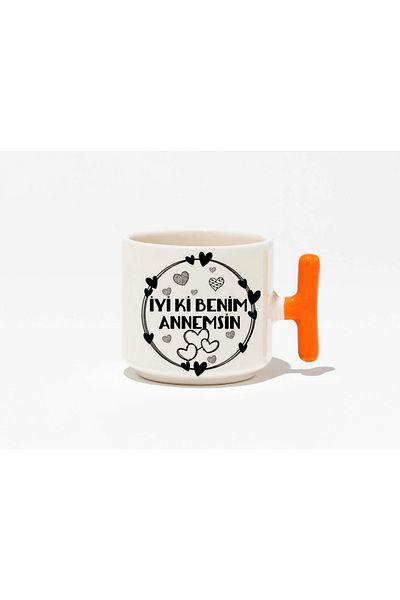 GünayStore Mother's Day Special Mother Designed Orange T-Handle Coffee Cup 200 ml