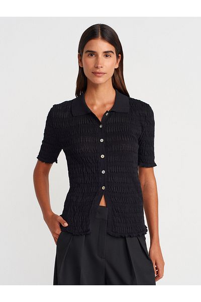 Dilvin 60971 Polo Neck Gathered Button Slim Knitwear Cardigan-Black