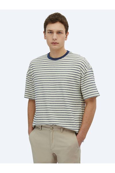 Kip Ecru Striped Crew Neck 100% Cotton T-Shirt
