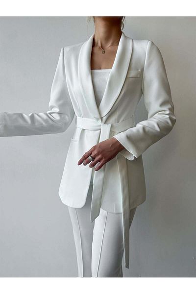 Rabia Çelik Women's White Belted High Waist Pants Blazer Jacket Suit