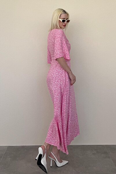 Madmext Pembe Çiçek Desenli Yarım Kollu Elbise MG2390