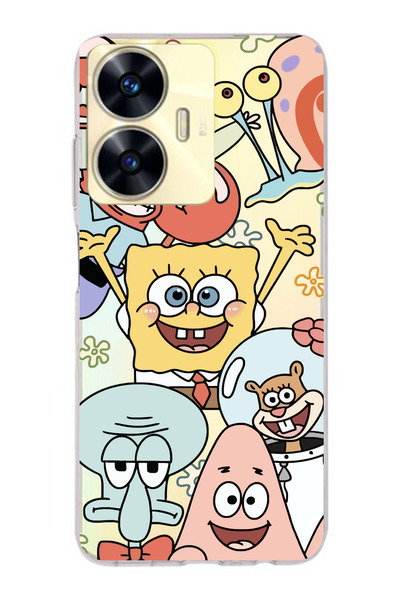 moonset Realme C55 Uyumlu Sünger Bob Tasarımlı Baskılı Şeffaf Telefon Kılıfı