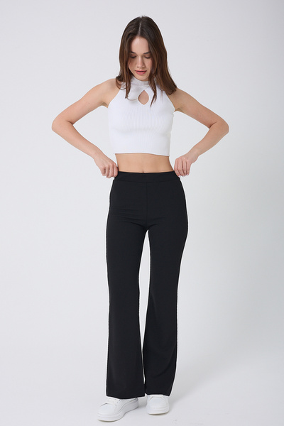 Royalside Women's Lycra Elastic Waist Flared Black Trousers