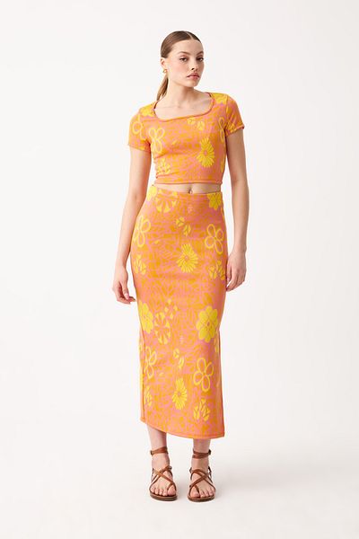 Know Women's Orange Jacquard Fabric Square Neck Crop Maxi Length Skirt Suit
