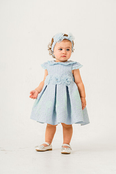 pink girls Fırfır Yakalı Çiçek Kabartmalı Jakar Elbise