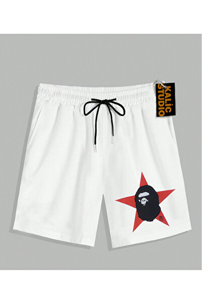Kalic Studio PANTALONI SCURT DE VARĂ UNISEX Mr. Bape cu model alb