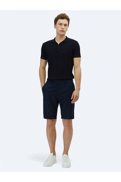Kip Navy Blue Plain Woven Slim Fit Casual Cotton Blended Bermuda