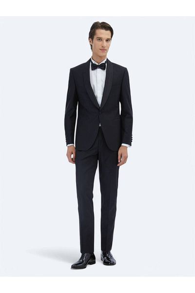 Kip Black Plain Slim Fit Shawl Collar Woven Tuxedo Suit