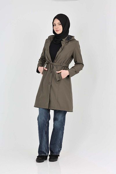 S&V TEKSTİL Women's Khaki New Trend Hijab Trench Coat