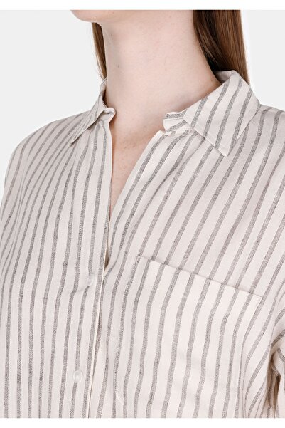 Colin's Regular Fit Shirt Neck Çizgili Kadın Bej Kısa Kol Gömlek