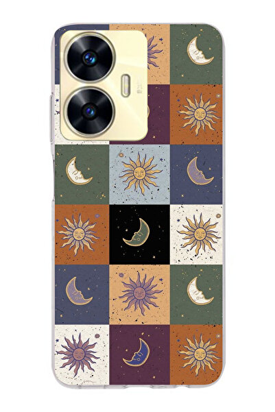 moonset Realme C55 Uyumlu Renkli Ay ve Güneş Tasarımlı Baskılı Şeffaf Telefon...