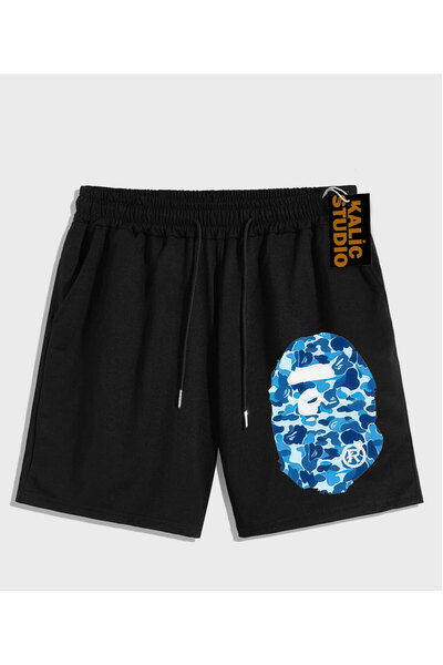 Kalic Studio Unisex Mr. Bape Patterned Black Summer Shorts