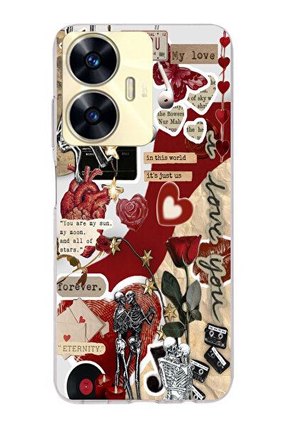 moonset Realme C55 Uyumlu Kolaj Tasarımlı Baskılı Şeffaf Telefon Kılıfı