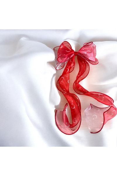 ALS Tasarım Dünyası Women's Red Color Moon Star Patterned Long Tail Model Light Shiny Fabric Clip Hair Clip