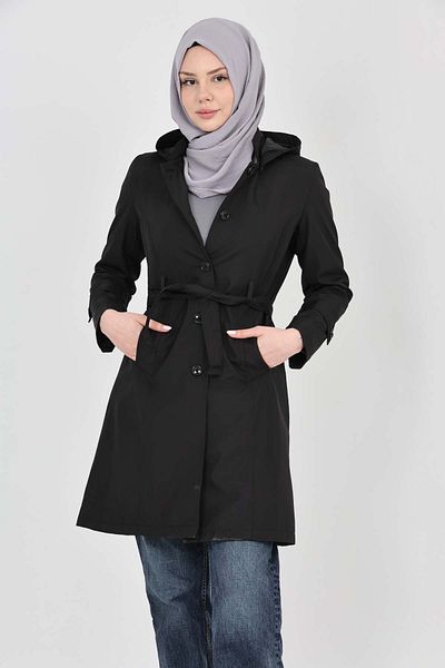 S&V TEKSTİL Women's Black New Trend Hijab Trench Coat