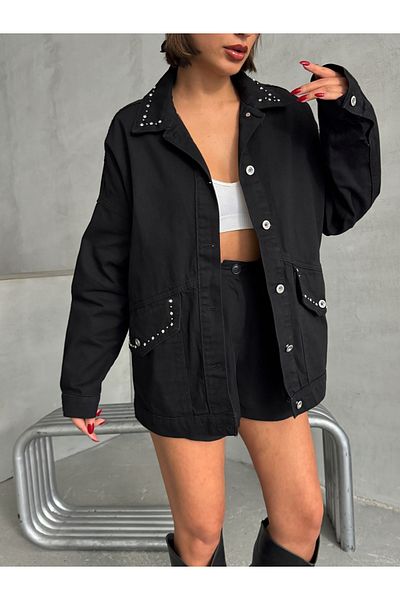 ÇEÇİM Women's Stone Detail Oversize Denim Jeans Jacket Zyn-58710