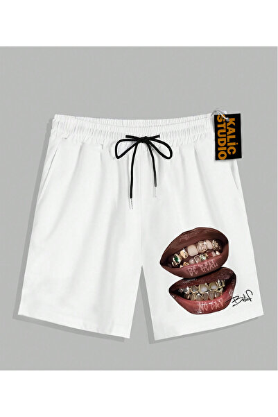 Kalic Studio Pantaloni scurți de vară albi cu model UNISEX Mr. Grillz