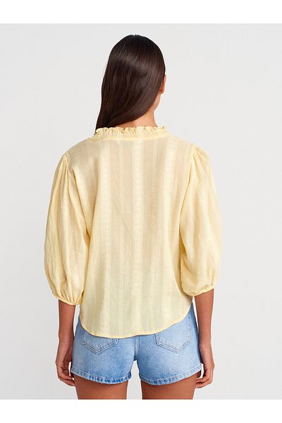 Dilvin 5807 Ribbed Detailed Balloon Sleeve Shirt-Light Yellow