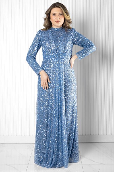 SUBU TASARIM Sequin Sequin Detailed Evening Dress Indigo Tbsmda2526