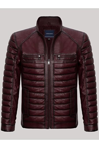 DeriWork Hakiki Kuzu Derisi Bordo Dört Cepli Şişme Deri Ceket Erkek Ceket