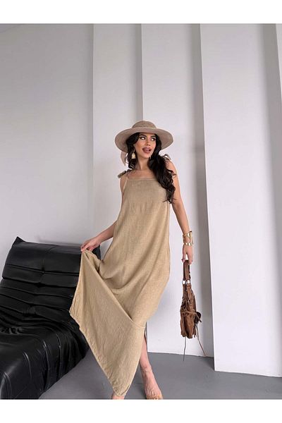 MYZİ STORE Γυναικείο λινό φόρεμα καλοκαιρινό φόρεμα λινό λουράκι