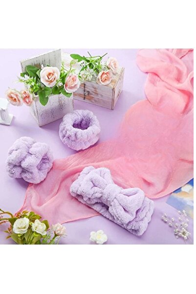SB SizinBazar Peluş Lila Spa Takımı - 2 Adet Havlu Yıkama Bilekliği Ve Elasti...