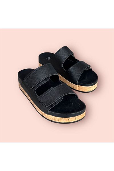 İpek Silk Women's Black Beige Orthopedic Soft Sole Double Velcro Daily Home Slippers