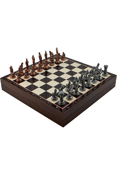 STOREMAX Ekn Medium Size Metal Trojan-Spartan Chess Set Mdf Board with Antique and Walnut Pattern Storage Box (36